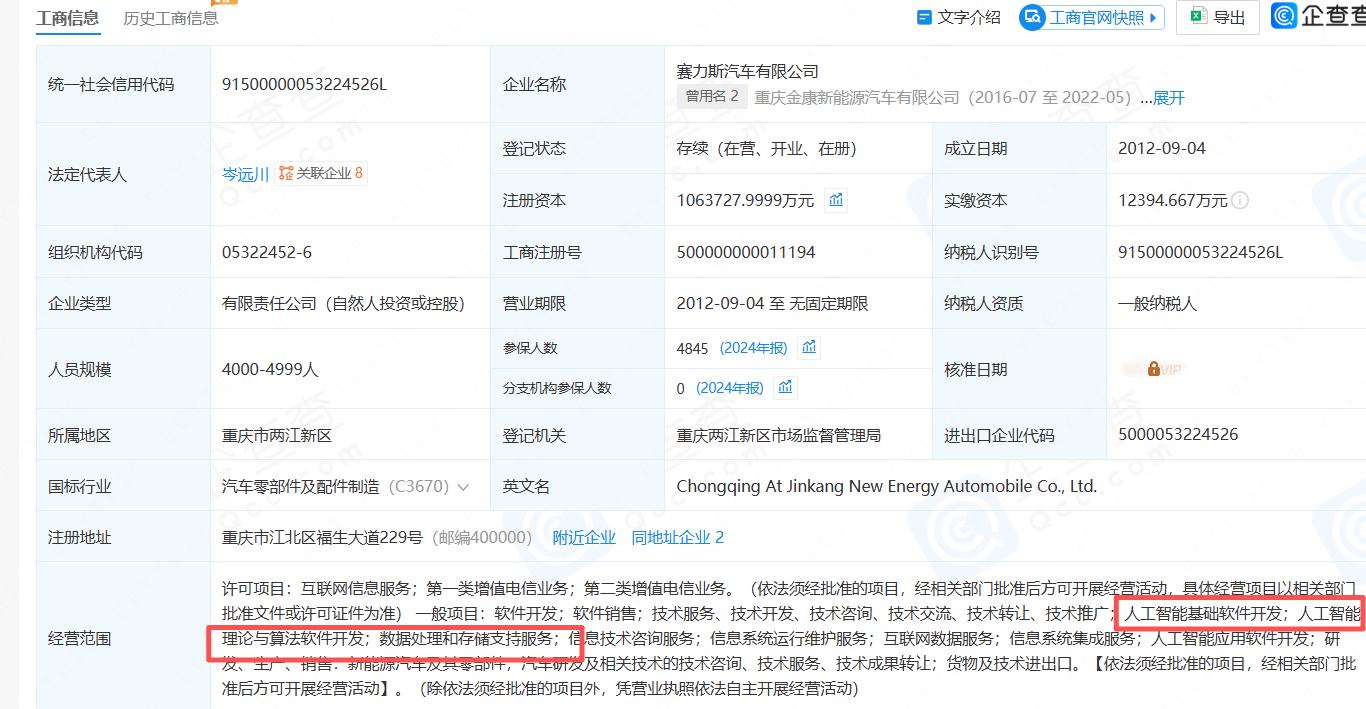 赛力斯汽车经营范围正式新增AI业务，智能化战略再下一城